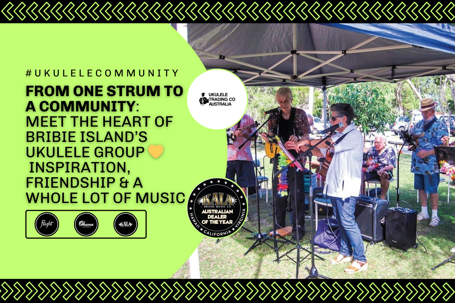 Bribie Island ukulele group playing together, smiling and strumming in a joyful community session.