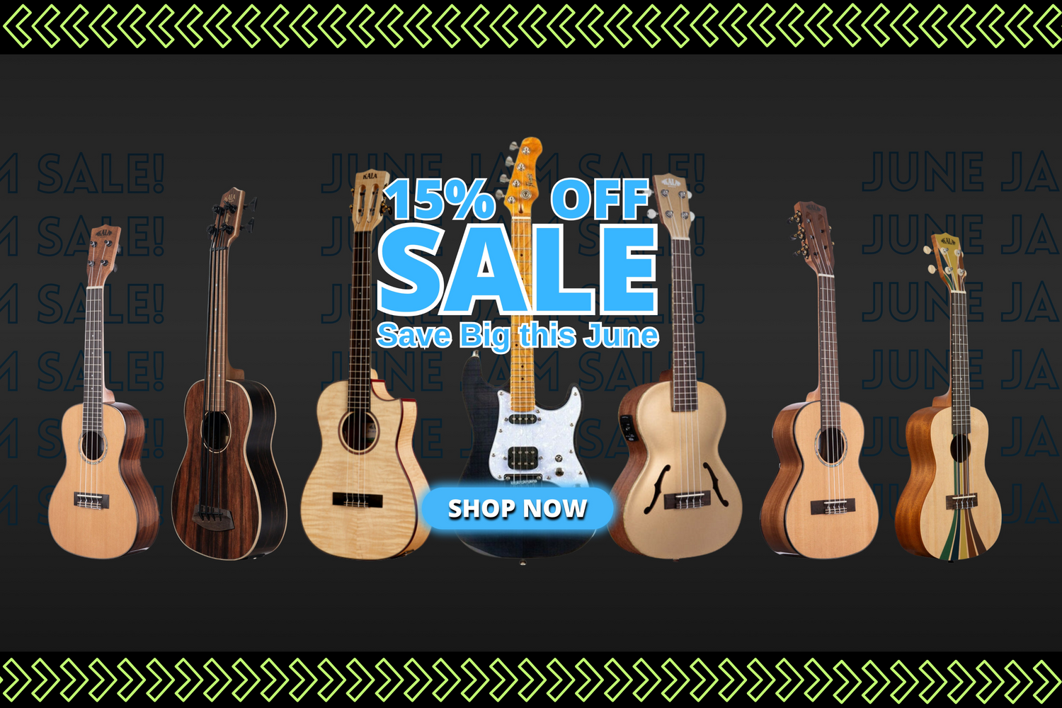 A happy ukulele player holding a Kala ukulele next to a “June Sale” banner with music notes and accessories.
