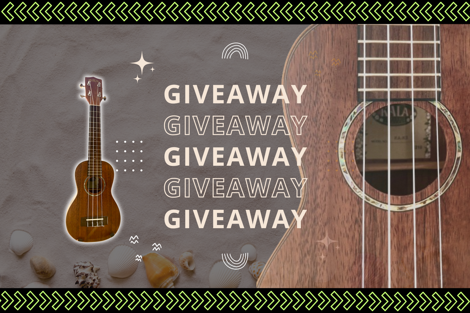 Happy giveaway winner Max Perry holding a Kala Surf Series Wipeout Concert Ukulele with a big smile.