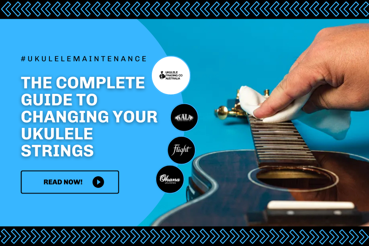 Person changing ukulele strings on a table with tools like a tuner, scissors, and cloth.