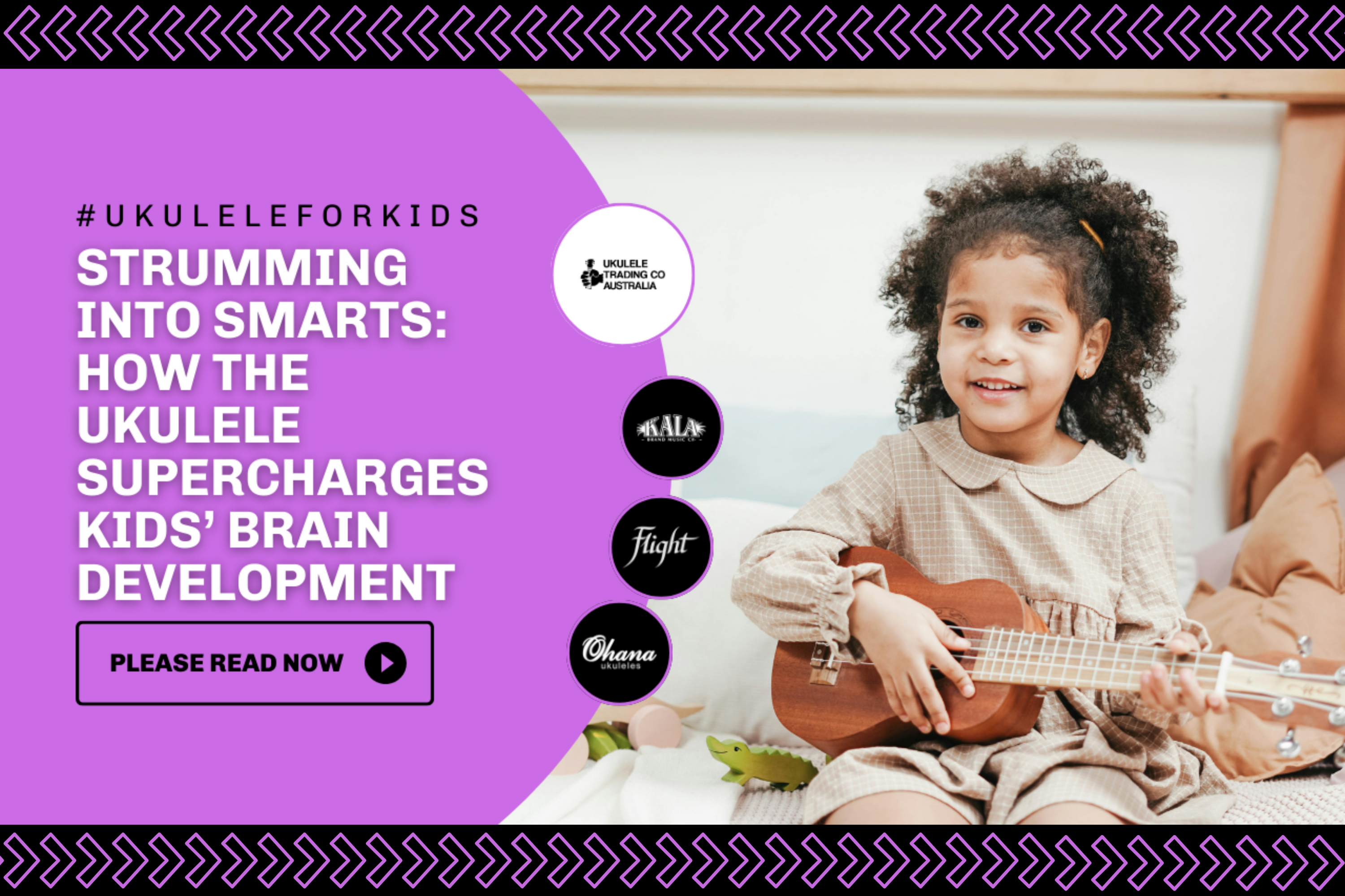 Child learning ukulele, smiling while playing — boosting focus, creativity, and brain development through music.