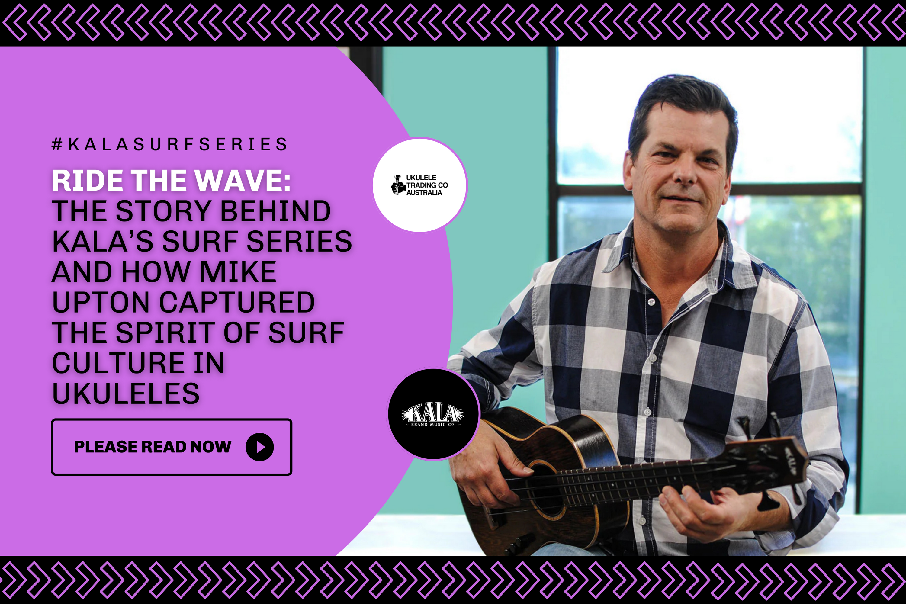 Kala Surf Series ukulele with retro surfboard-inspired design on a sunny beach.