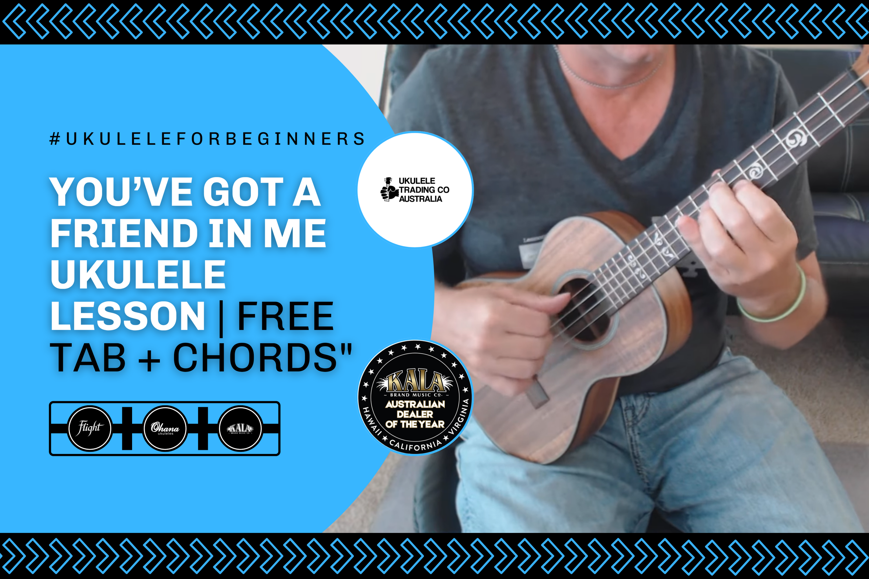 Jeffrey Thomas playing ukulele with “You’ve Got a Friend in Me” free tab and lesson promo in Toy Story-inspired style.