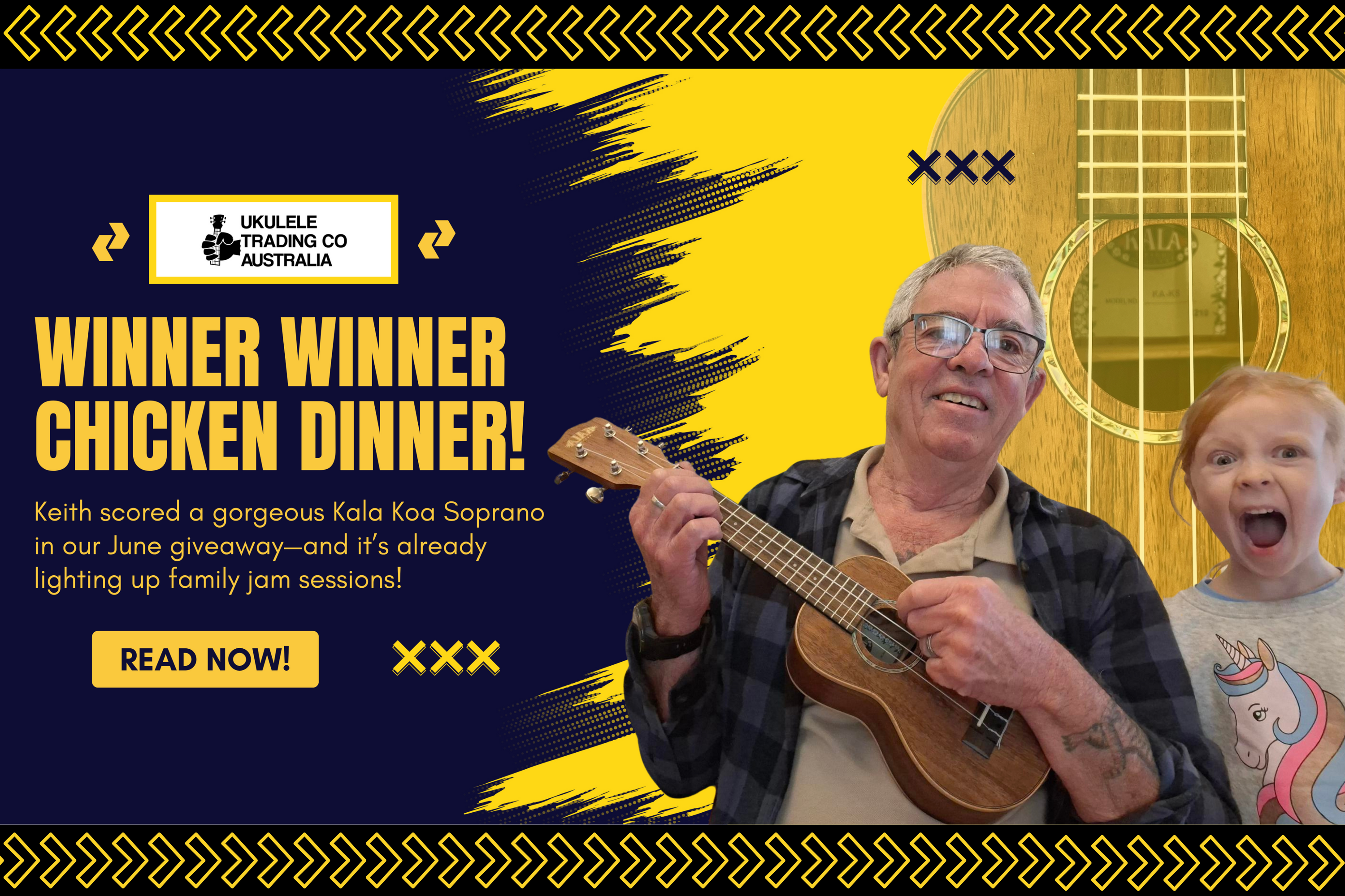 Keith holding his new Kala Koa soprano ukulele, smiling with grandchildren after winning The Ukulele Trading Co giveaway.