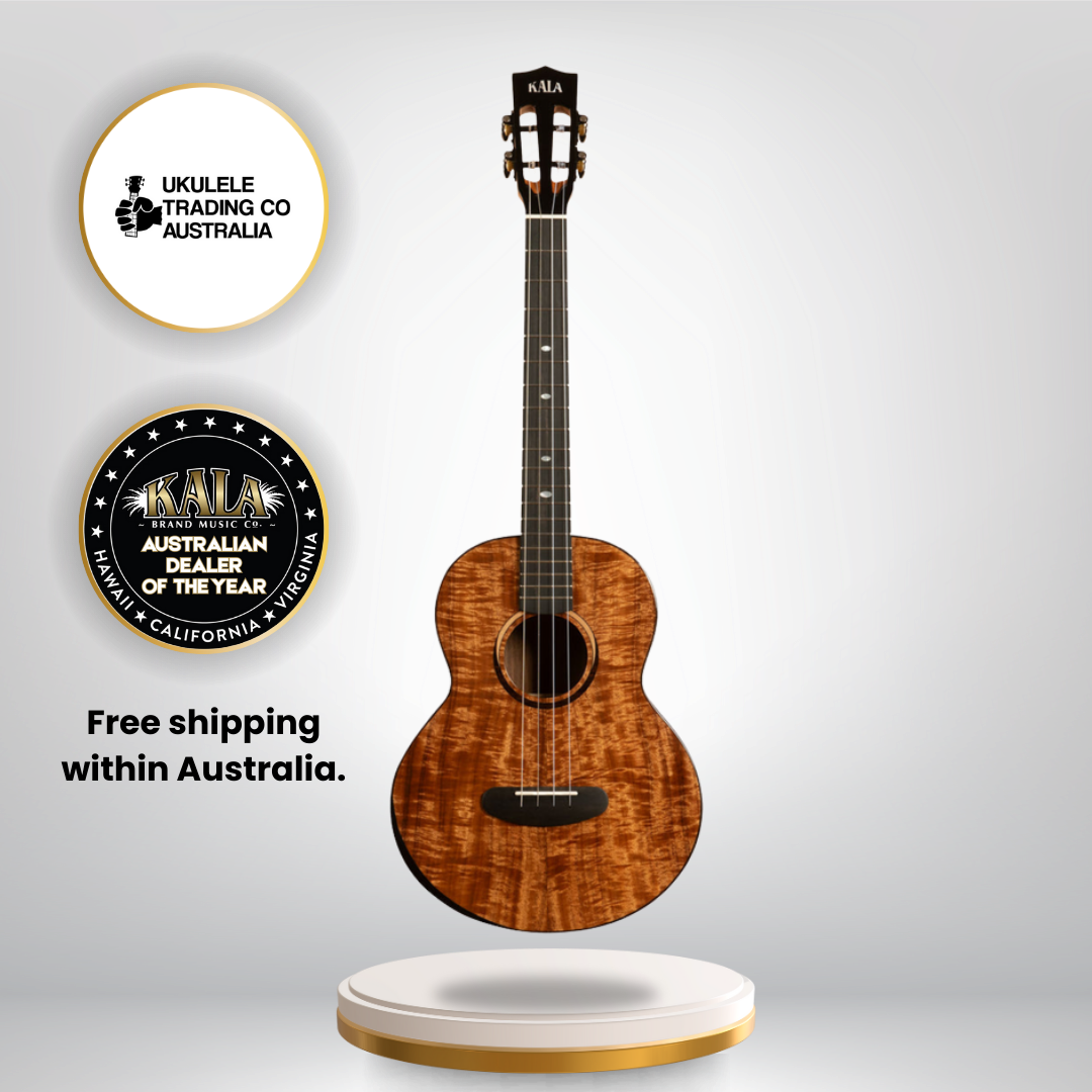 Gloss acacia baritone ukulele with slotted headstock and gig bag