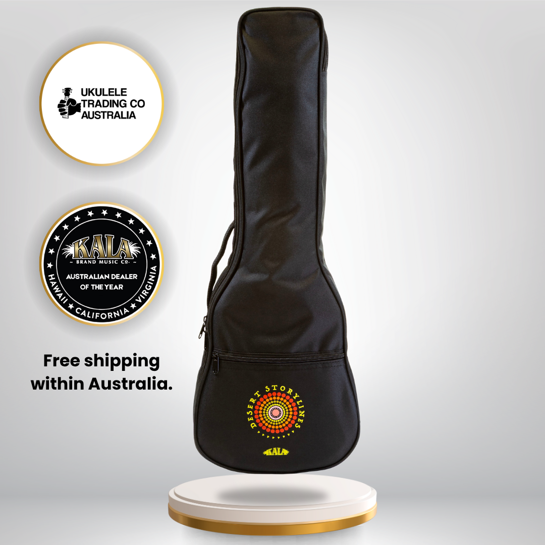 “Kala Desert StoryLines Bushfoods Soprano Ukulele featuring Aboriginal artwork by Margaret Bloomfield.”