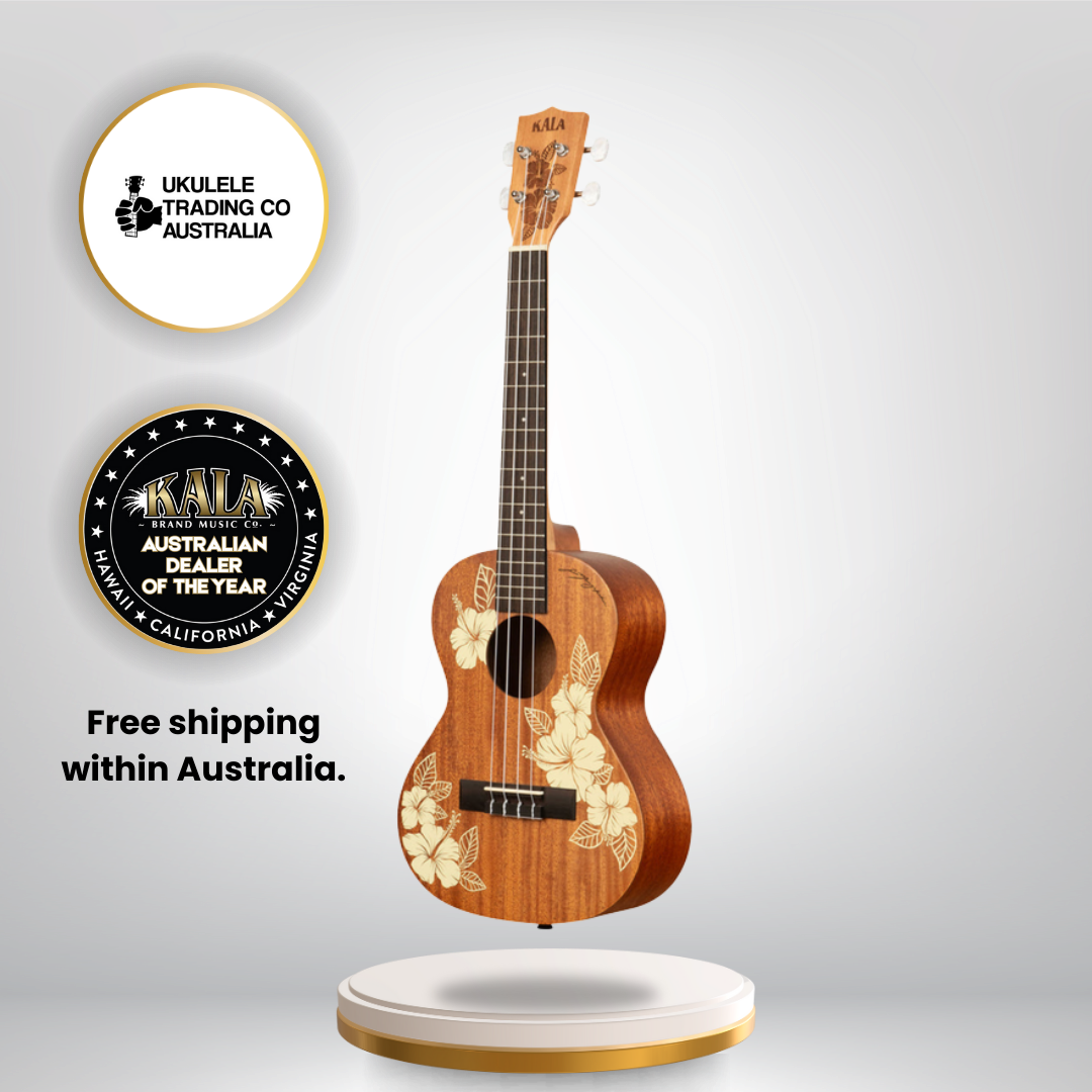 Kala Hibiscus Mahogany Tenor Ukulele with floral hibiscus laser-etched design