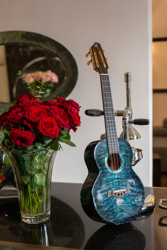 Flight A10 QM Aqua Blue 10th Anniversary Tenor Ukulele Solid Quilted Maple Handcrafted Tenor Ukulele Ukulele Trading Co Australia