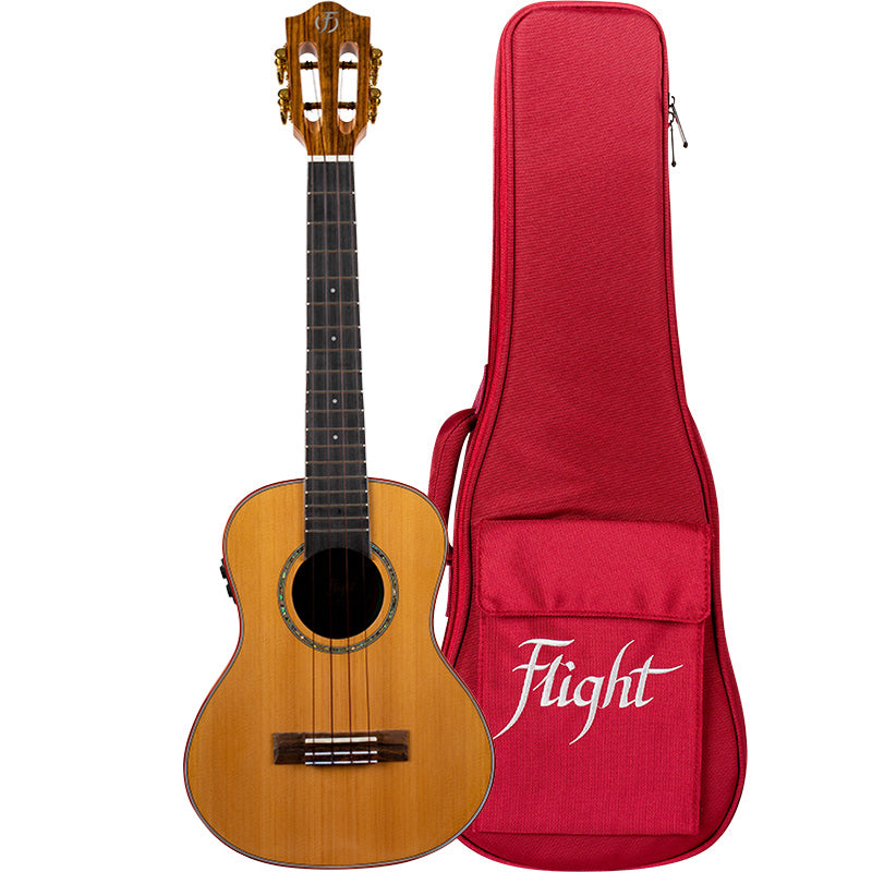 The Flight Diana Soundwave Tenor combines the incredible Flight Diana Tenor with the Flight Soundwave Pickup System. Built-in Effects System with Reverb, Chorus and Delay— No Need to plug it in. The Tansducer amplifies the Diana, and the Ukulele is effectively an amplifier and speaker. You can, of course, plug it into an outboard Amp or PA if you wish. Amazing Technology Just check out the Video Dem