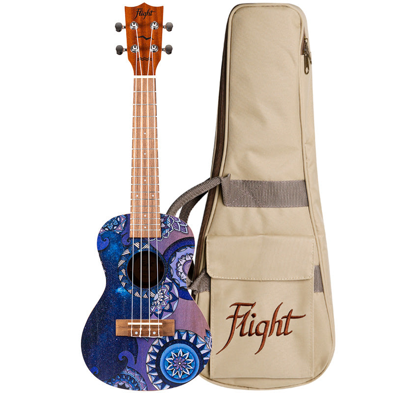 The Flight AUC-33 Stardust Concert Ukulele is a ukulele for all the dreamers out there. Captured elegantly by the fantastic artist Reham Fareed, the Stardust Concert Ukulele captures to the beauty we see when gazing at the night sky. Let’s explore the night together and celebrate the night sky with song!
