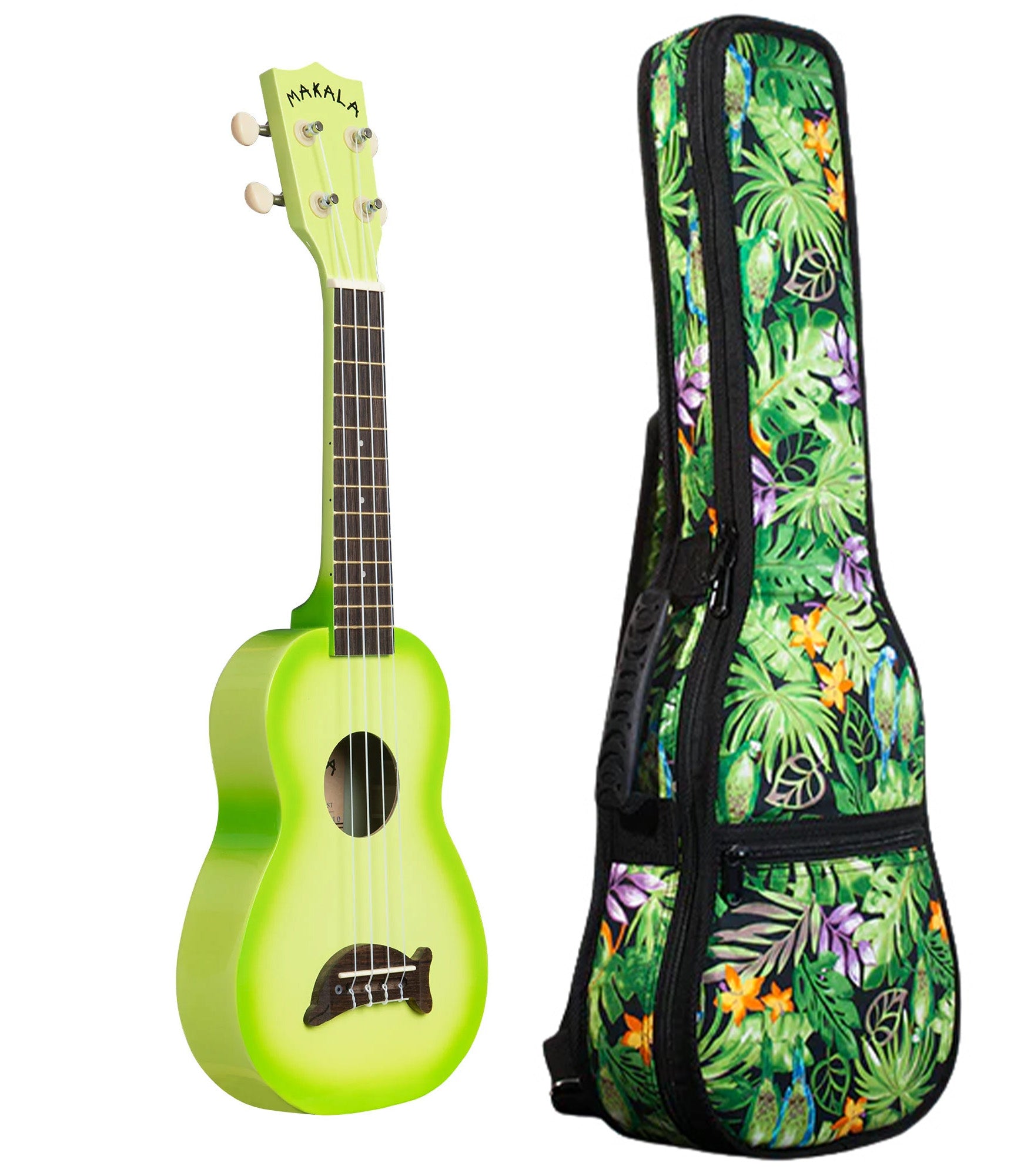 MK-SD/GRNBRST Green Apple Burst Soprano Dolphin Ukulele Includes Gigbag Floral Print, Padded with Backpack Straps