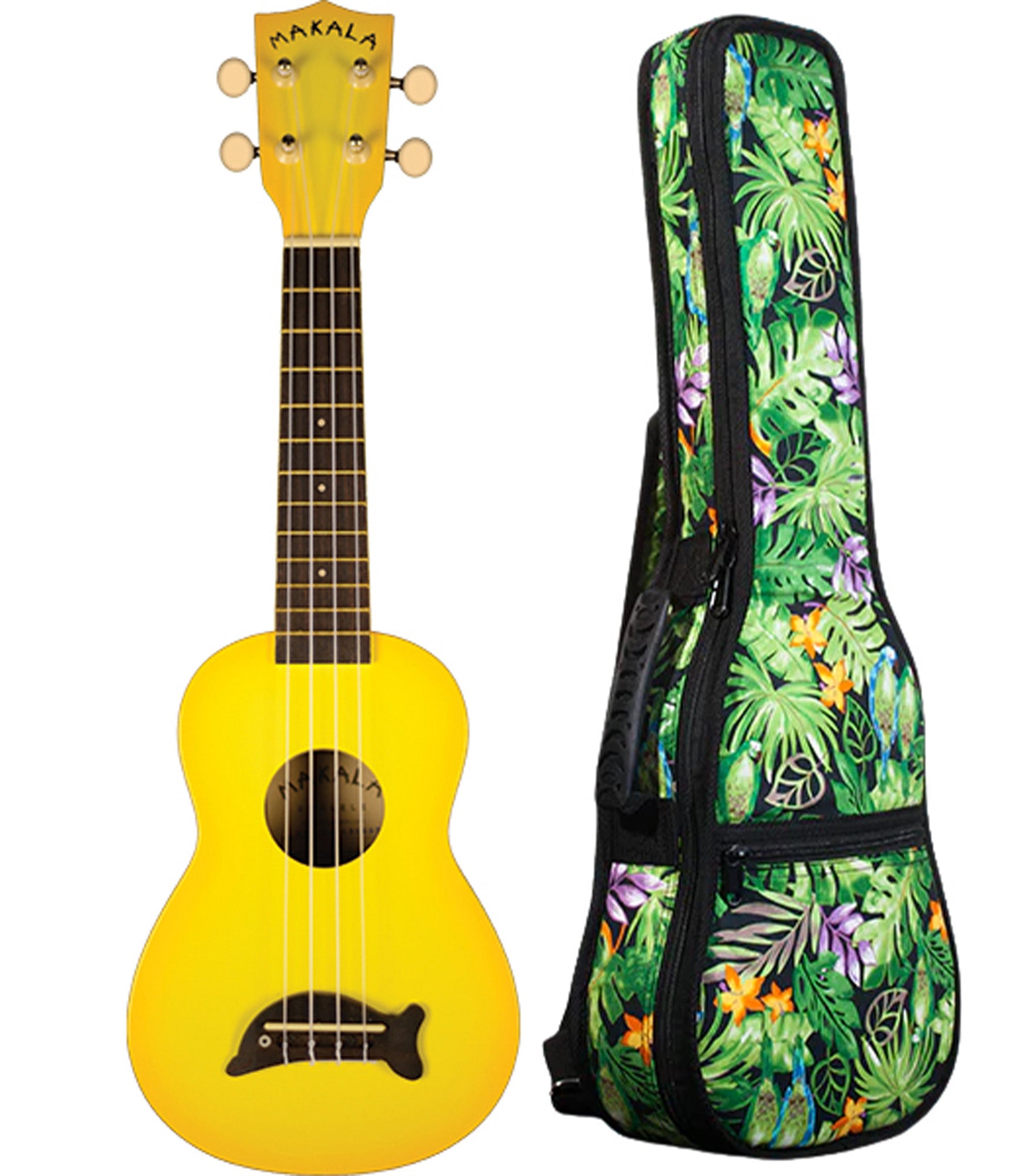 MK-SD/YLBRST Yellow Burst Soprano Dolphin Ukulele Includes Gigbag Floral Print, Padded with Backpack Straps