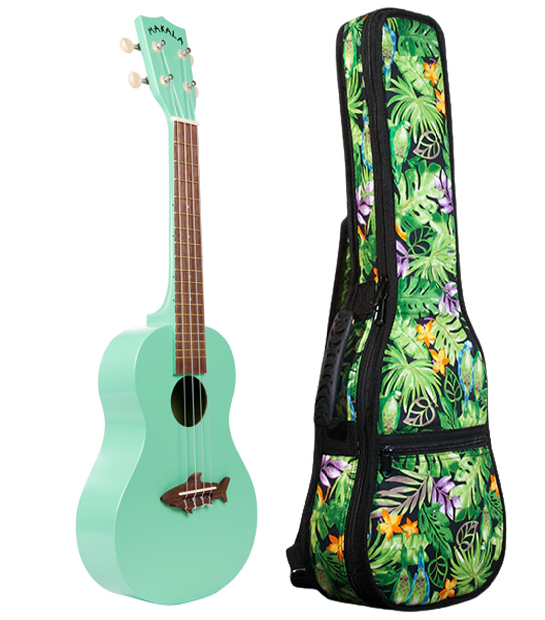 MK-SS/GRN Green Soprano Shark Ukulele Includes Gigbag Floral Print, Padded with Backpack Straps