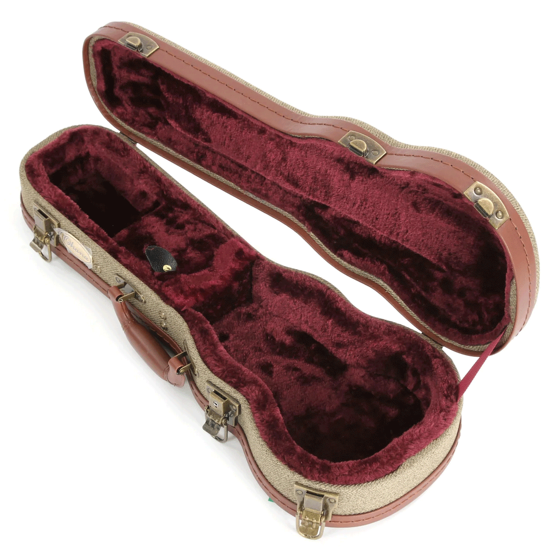 Ohana Hardcase UOT-24 Concert Ukulele Case Durable Olive Twill Fabric Arched Top Design for Extra Instrument Protection Brown Tolex Trim with Sewn Stitching and Matching Handle Antique Bronze Drawbolt Case Latches Antique Bronze Side and Bottom Stops for Extra Stability &amp; Protection Padded Plush Interior Velvet in Wine Color Interior Heel Rest with Storage Compartment Ukulele Trading Co Australia