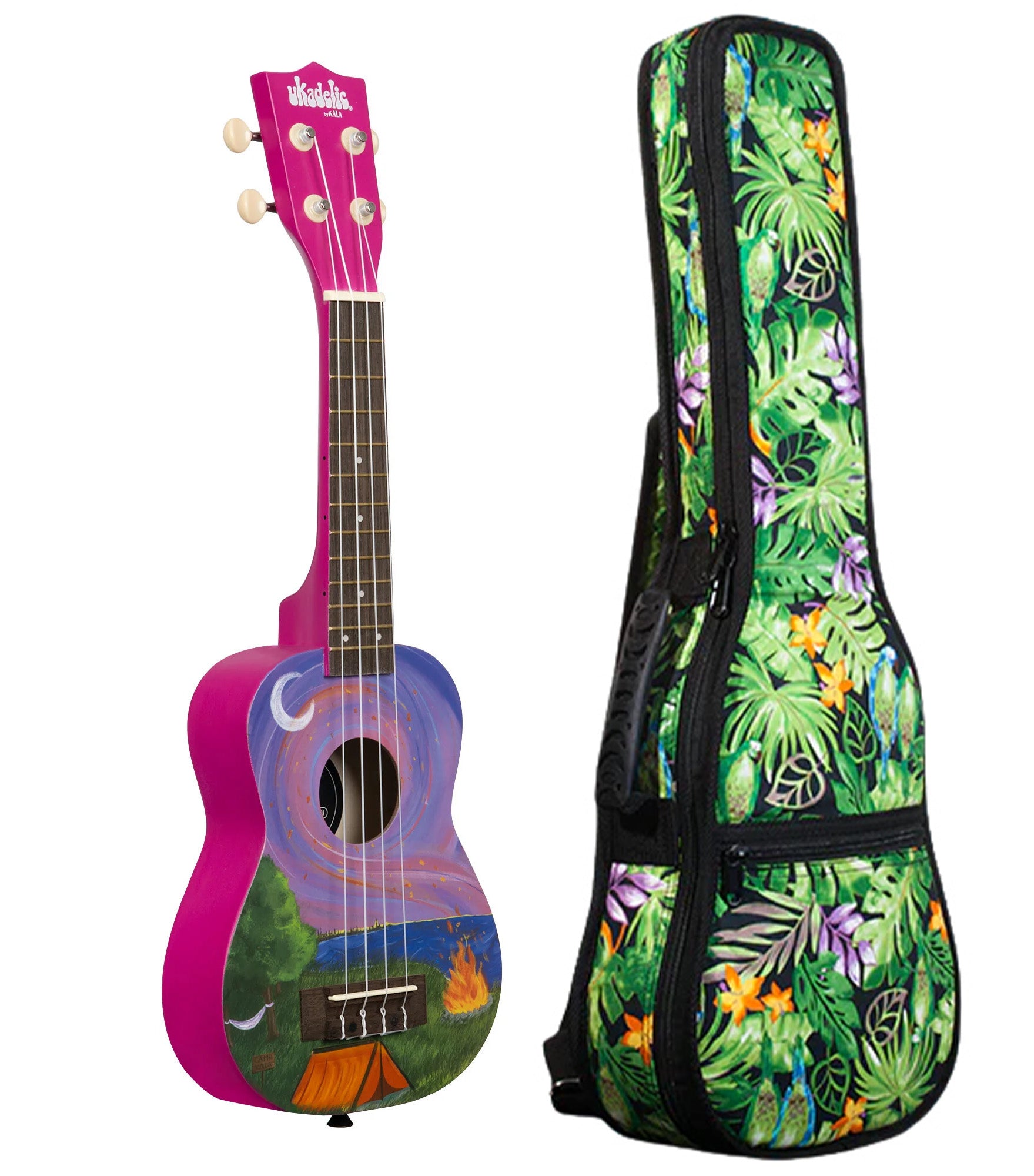 UK-HAPPYCAMPER Happy Camper Ukadelic Soprano Ukulele Includes Gigbag Floral Print, Padded with Backpack Straps