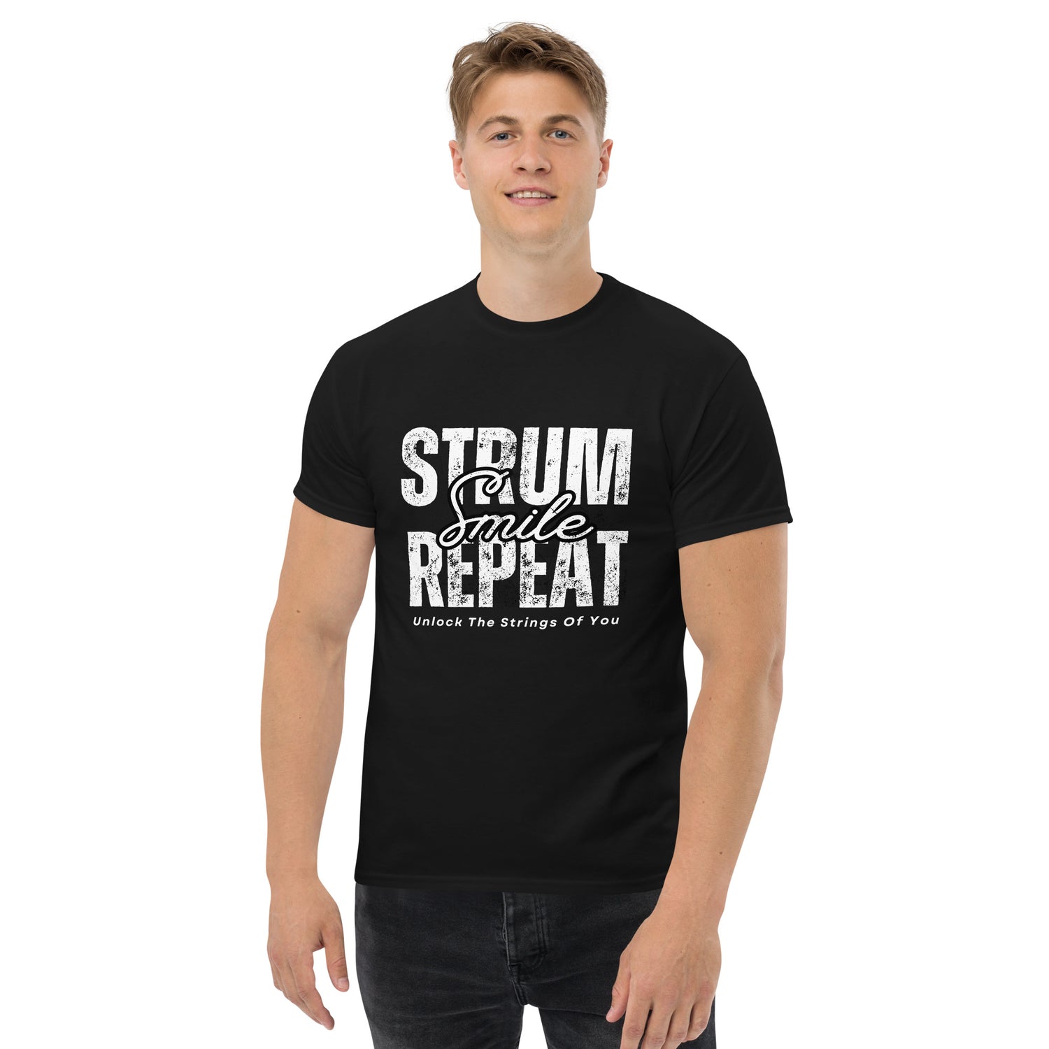 “Strum, Smile, Repeat” Ukulele T-Shirt for music lovers, perfect musician gift or festival tee.