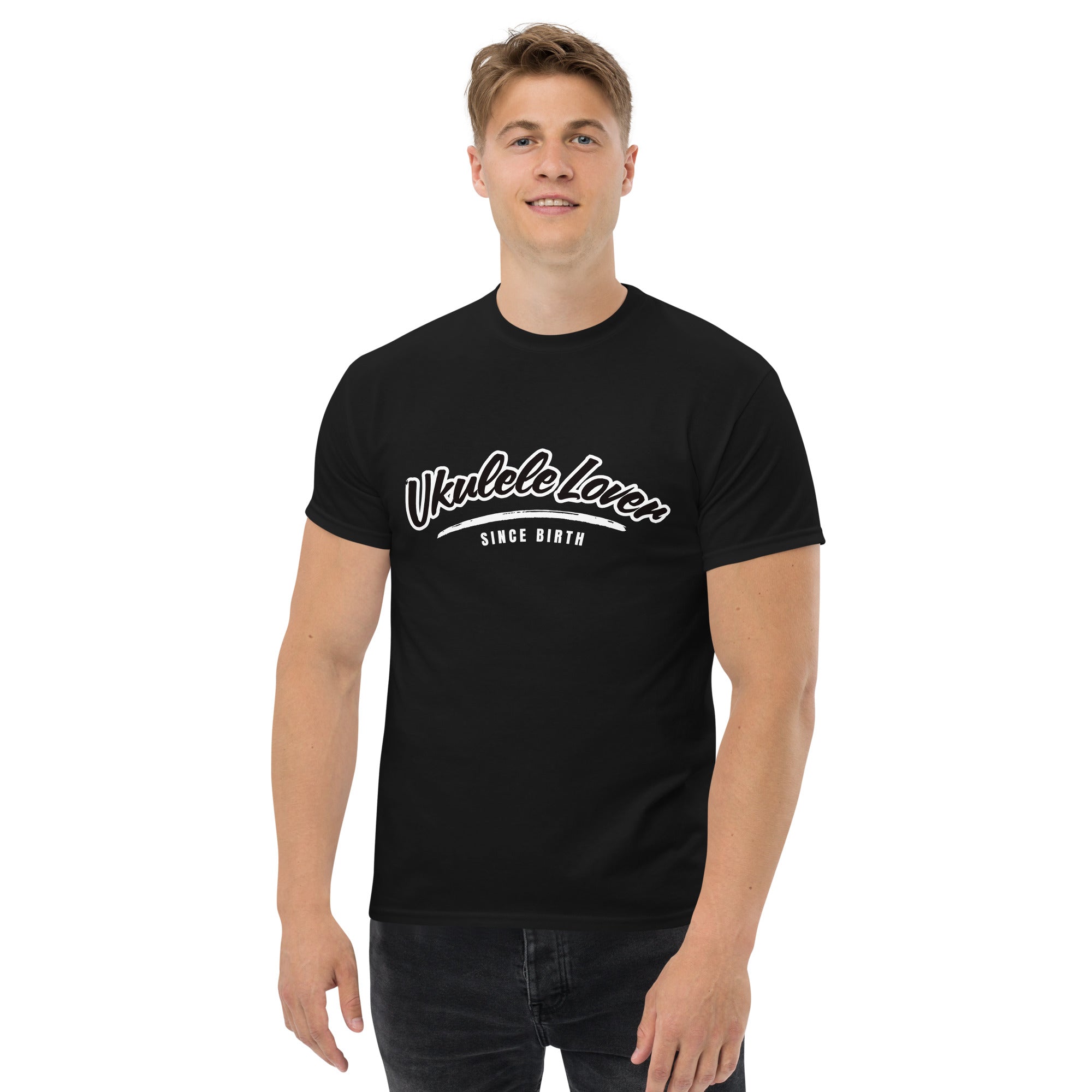 “Ukulele Lover Since Birth” unisex t-shirt for musicians and music lovers.