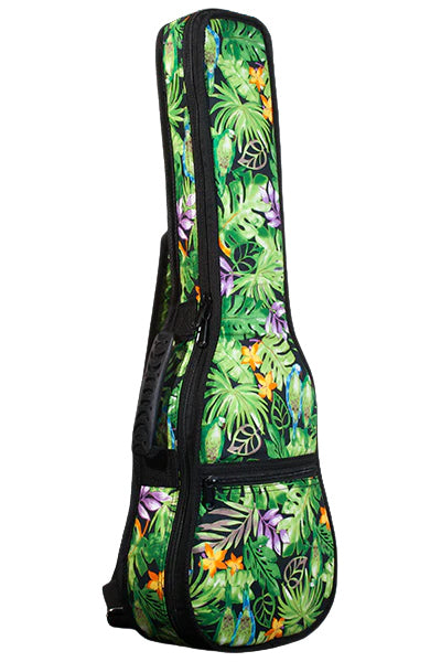 UB-24AG ohana Concert Gigbag Tropical Green Leaf Jungle Concert Gig-bag 10mm dense foam padding Green Tropical Print exterior with Ohana logo on the side Secure zippered front pocket Quality construction with durable zippers, handle and seam reinforcement Adjustable removable straps with shoulder pads Ukulele trading Co Australia