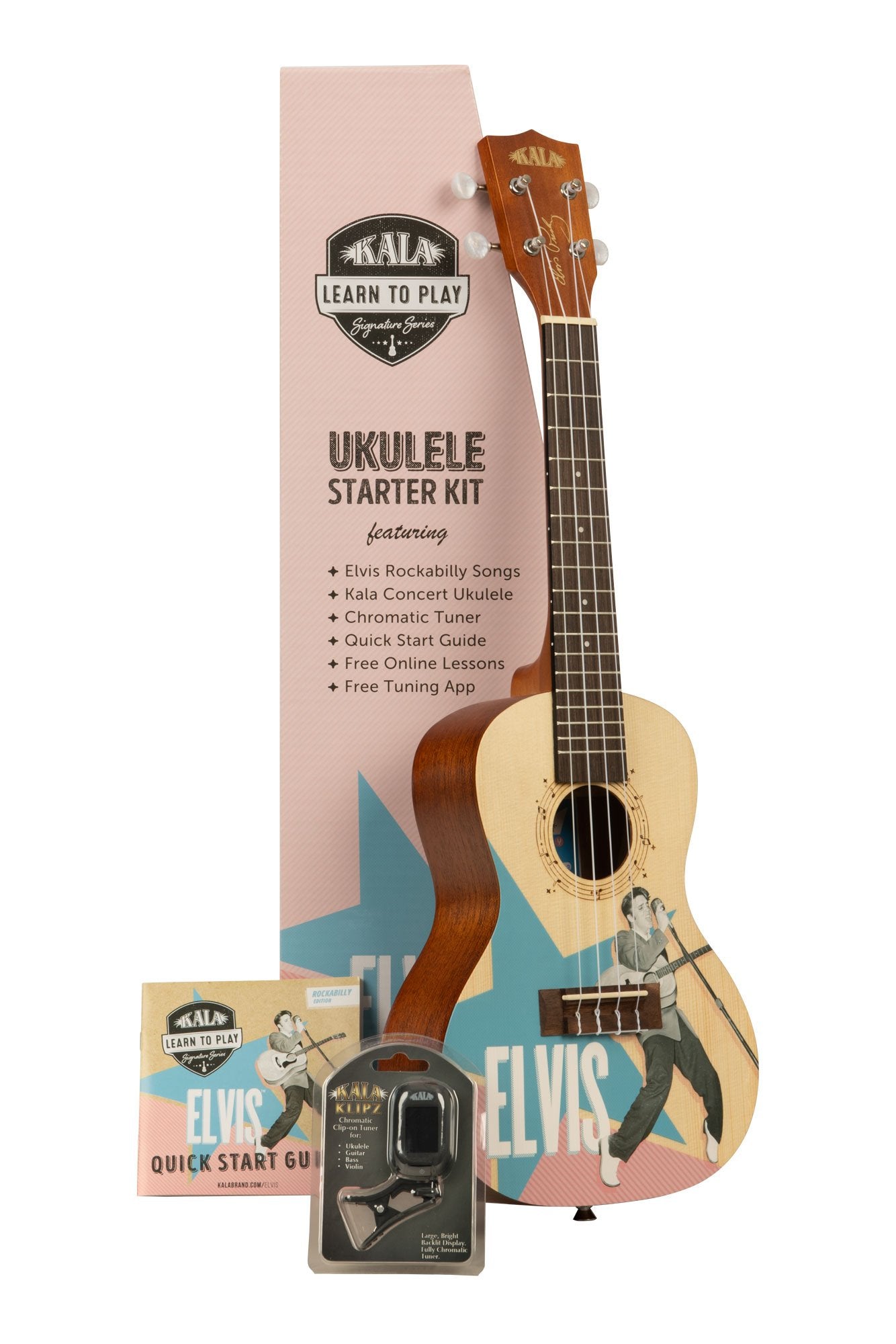 KALA-LTP-C-ERB Ukulele Trading Co Australia Elvis helped lay the foundation for Rockabilly on his way to becoming the King of Rock ‘n’ Roll. His fusion of country and R&B brought Rockabilly to the airwaves and the forefront of American culture, inspiring many future Rock ‘n’ Roll legends. Lessons for 3 of Elvis’ most popular Rockabilly songs are included with this bundle. Available in a concert model. The Elvis Learn To Play Starter Kit includes Elvis Signature Series Rockabilly Concert Ukulele Elvis Rock