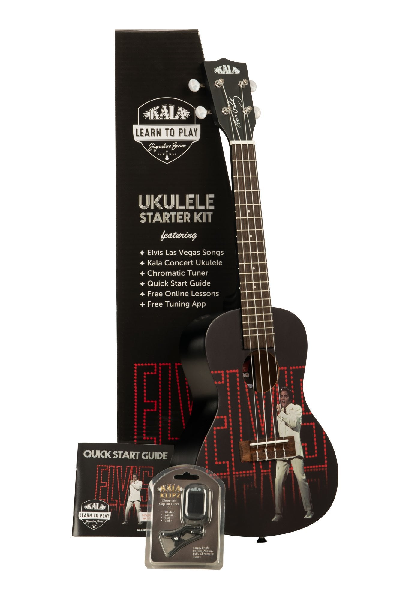 KALA ELVIS KALA-LTP-C-ELV UKULELE TRADING CO AUSTRALIA The Elvis Learn To Play Starter Kit includes Elvis Signature Series Viva Las Vegas Concert Ukulele Elvis Las Vegas Songs Chromatic Tuner Quick Start Guide Free Online Lessons Free Kala Ukulele App with Tuner