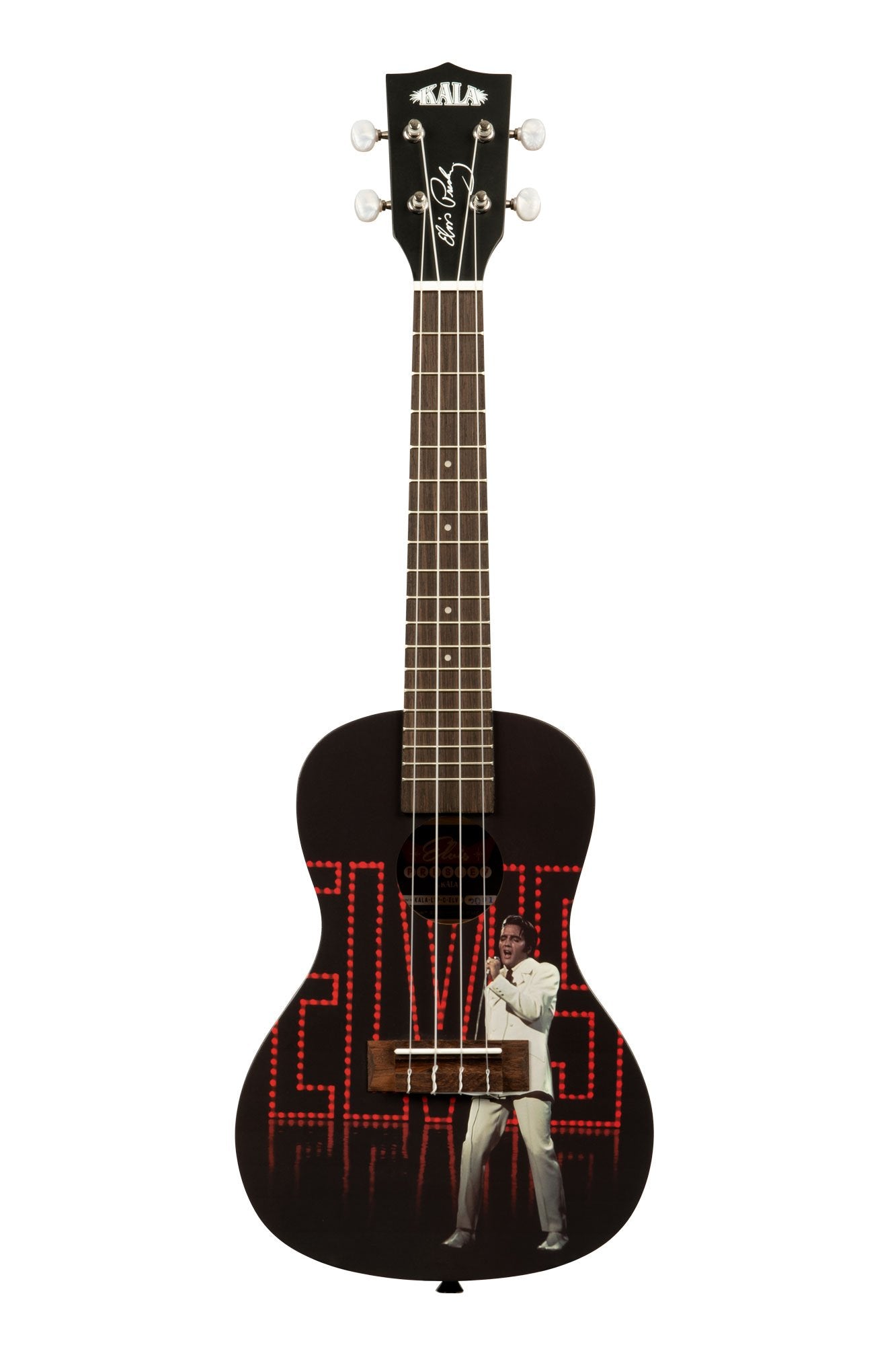 KALA ELVIS KALA-LTP-C-ELV UKULELE TRADING CO AUSTRALIA The Elvis Learn To Play Starter Kit includes Elvis Signature Series Viva Las Vegas Concert Ukulele Elvis Las Vegas Songs Chromatic Tuner Quick Start Guide Free Online Lessons Free Kala Ukulele App with Tuner