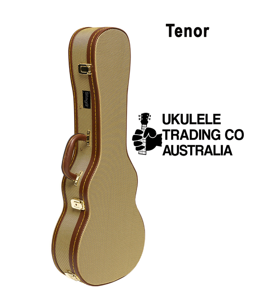 Stagg Tenor Deluxe Tweed hardcase Tenor ukulele size GCX-UKT GD Material:  Tweed (covering), wood (shape), and black plush (interior) Grip:  1 padded handle Fastener:  Anodized steel latches with gold finish Special feature:  1 internal case for small items Colour:  Gold Internal dimensions:  72.5 x 25 x 11 cm (28.5 x 9.8 x 4.3&quot;) Ukulele Trading Co Australia