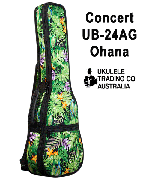 UB-24AG ohana Concert Gigbag Tropical Green Leaf Jungle Concert Gig-bag 10mm dense foam padding Green Tropical Print exterior with Ohana logo on the side Secure zippered front pocket Quality construction with durable zippers, handle and seam reinforcement Adjustable removable straps with shoulder pads Ukulele trading Co Australia