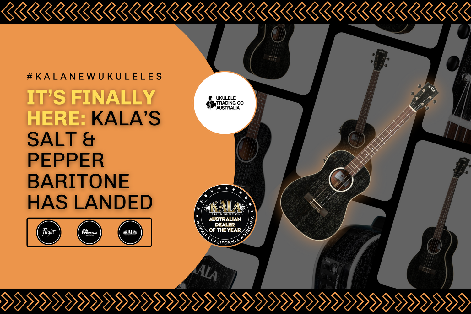 Glossy Salt & Pepper Doghair Kala baritone ukulele with all-solid mahogany body