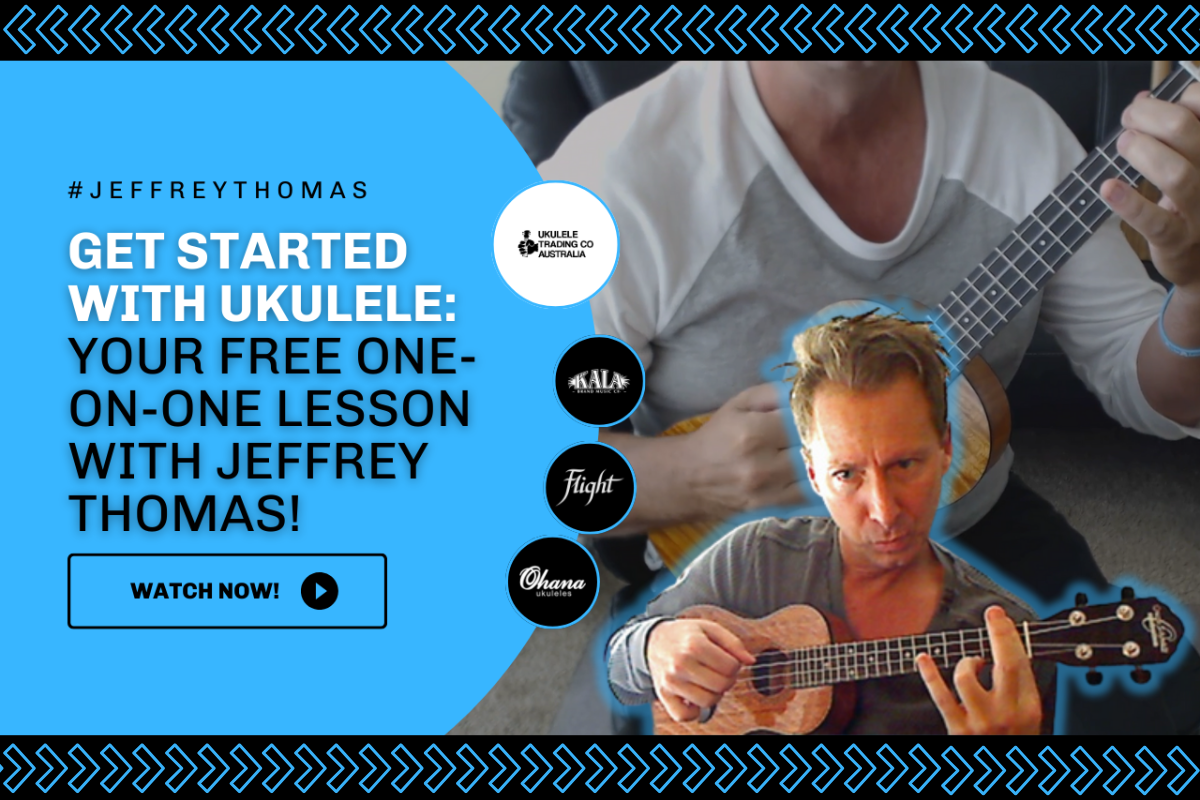 Person playing a ukulele with text promoting a FREE one-on-one lesson with Jeffrey Thomas.