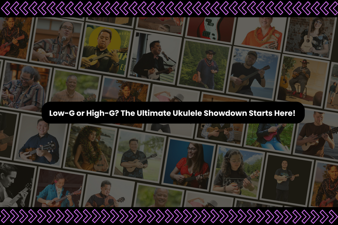 Low-G vs High-G ukulele showdown thumbnail with bold text and uke graphics.