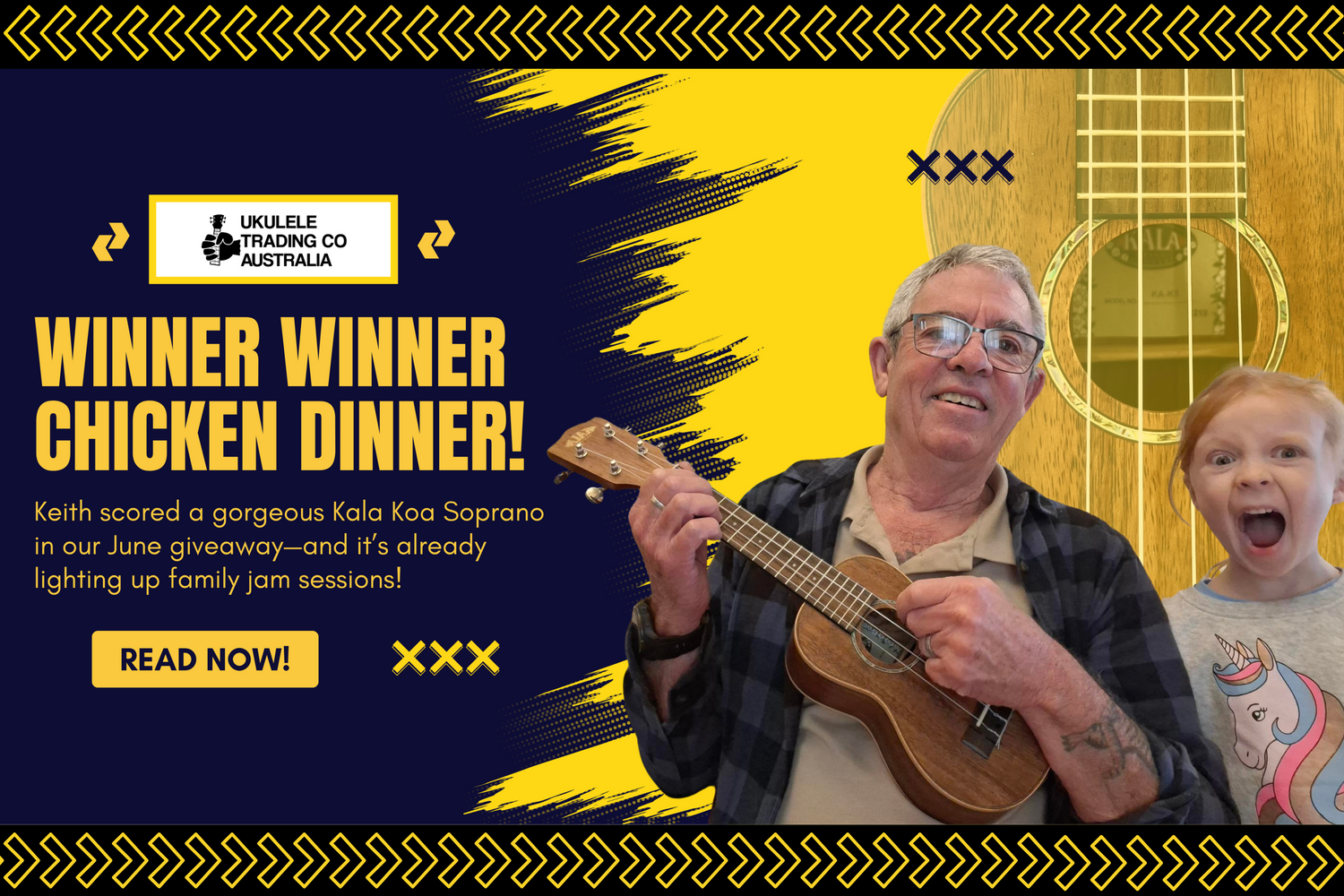 Keith holding his new Kala Koa soprano ukulele, smiling with grandchildren after winning The Ukulele Trading Co giveaway.