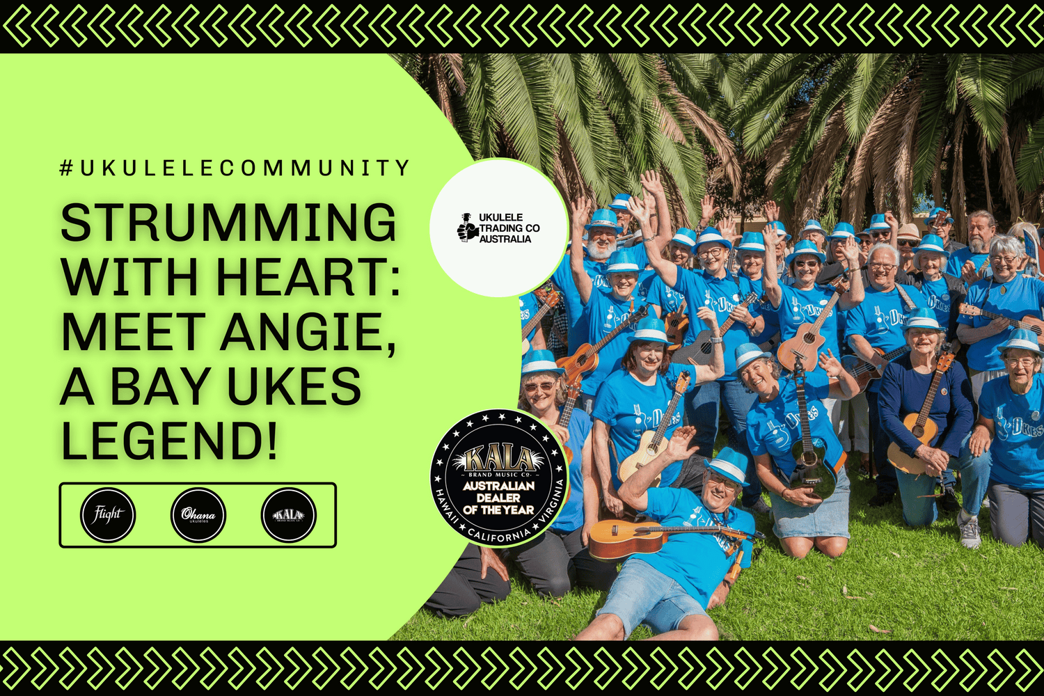 Angie smiling with her ukulele at a Bay Ukes session in Glenelg, South Australia.