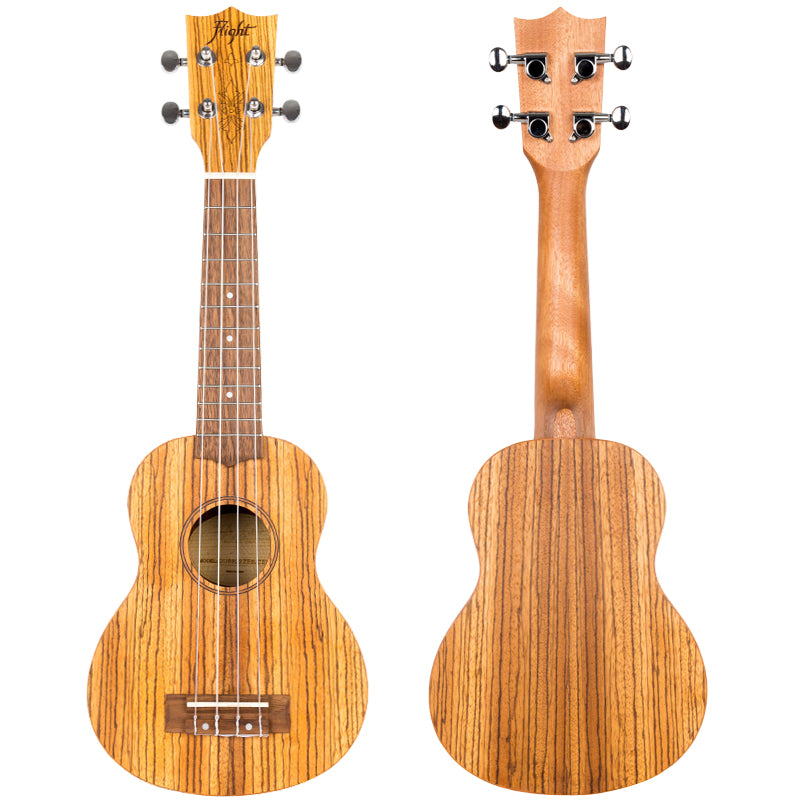 The Flight DUS322 is our only ukulele featuring laminate zebrawood for its sound board, back, and sides.  Flight DUS322 Soprano Ukulele Zebrawood with Bag and Free Shipping