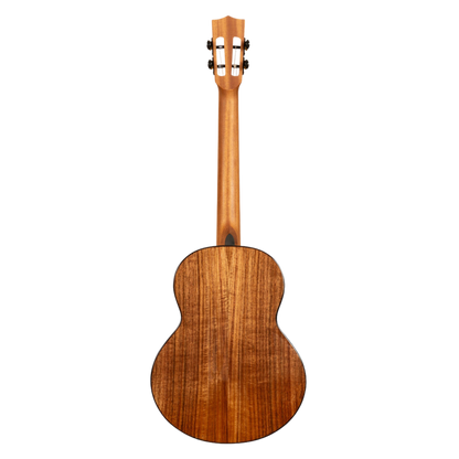 Kala Contour All Solid Gloss Acacia Baritone Ukulele with rosewood binding, two-tone eclipse wood rosette, and contoured comfort edge for a rich, balanced sound and easy playability.