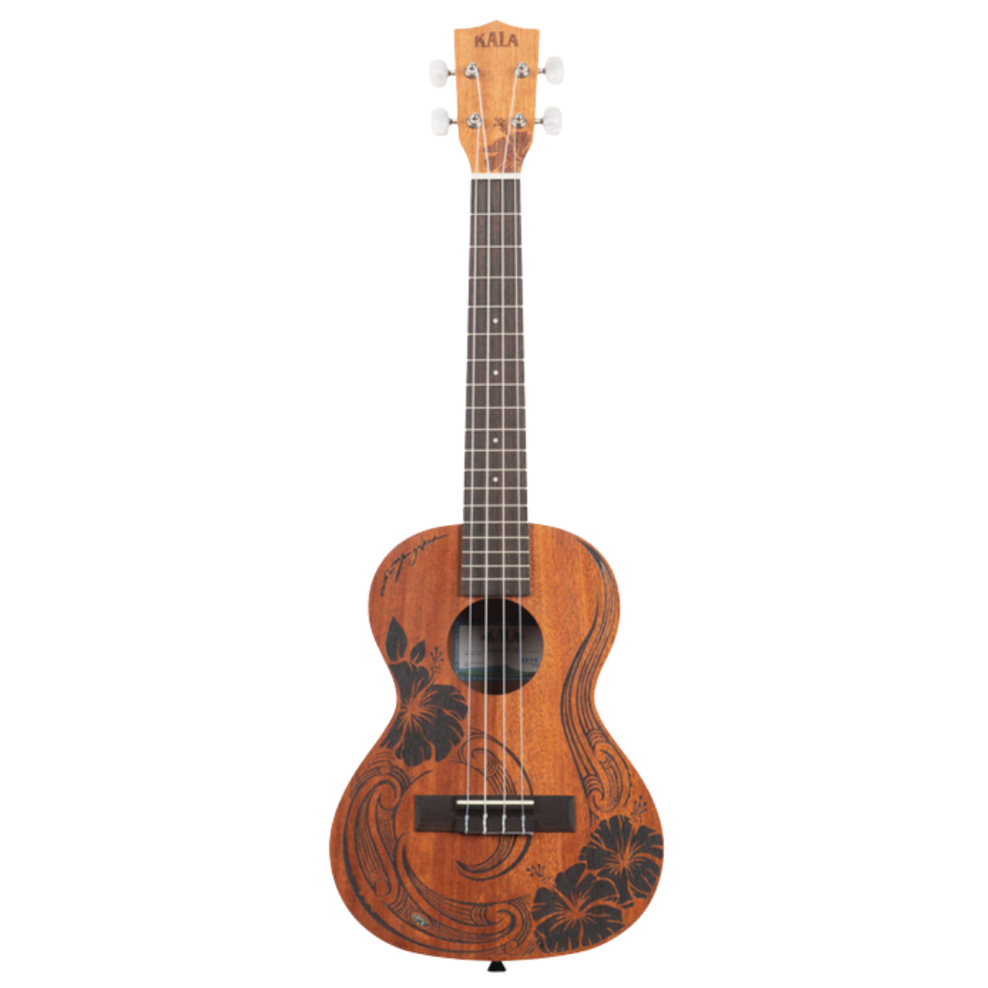 Alt text: Kala KA-UNITY-T Unity Mahogany Tenor Ukulele with Māori artwork and gig bag