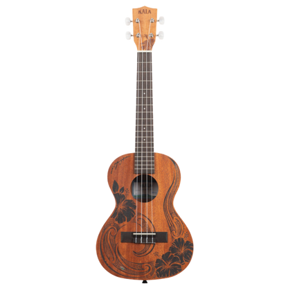 Alt text: Kala KA-UNITY-T Unity Mahogany Tenor Ukulele with Māori artwork and gig bag