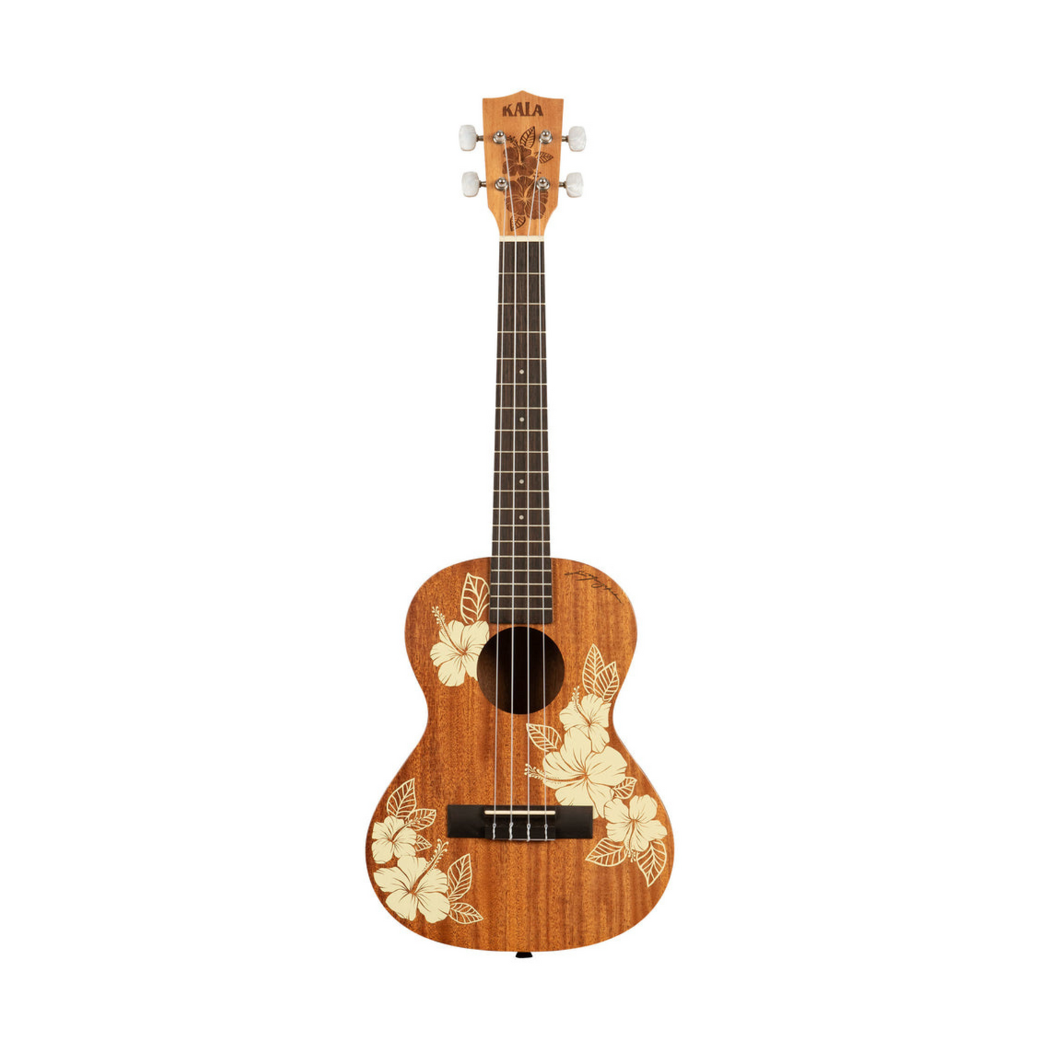 Kala KA-HIBISCUS-T Hibiscus Mahogany Tenor Ukulele, featuring a vibrant hibiscus floral design, rich mahogany body, and smooth fretboard for a warm, melodic sound perfect for any ukulele player.