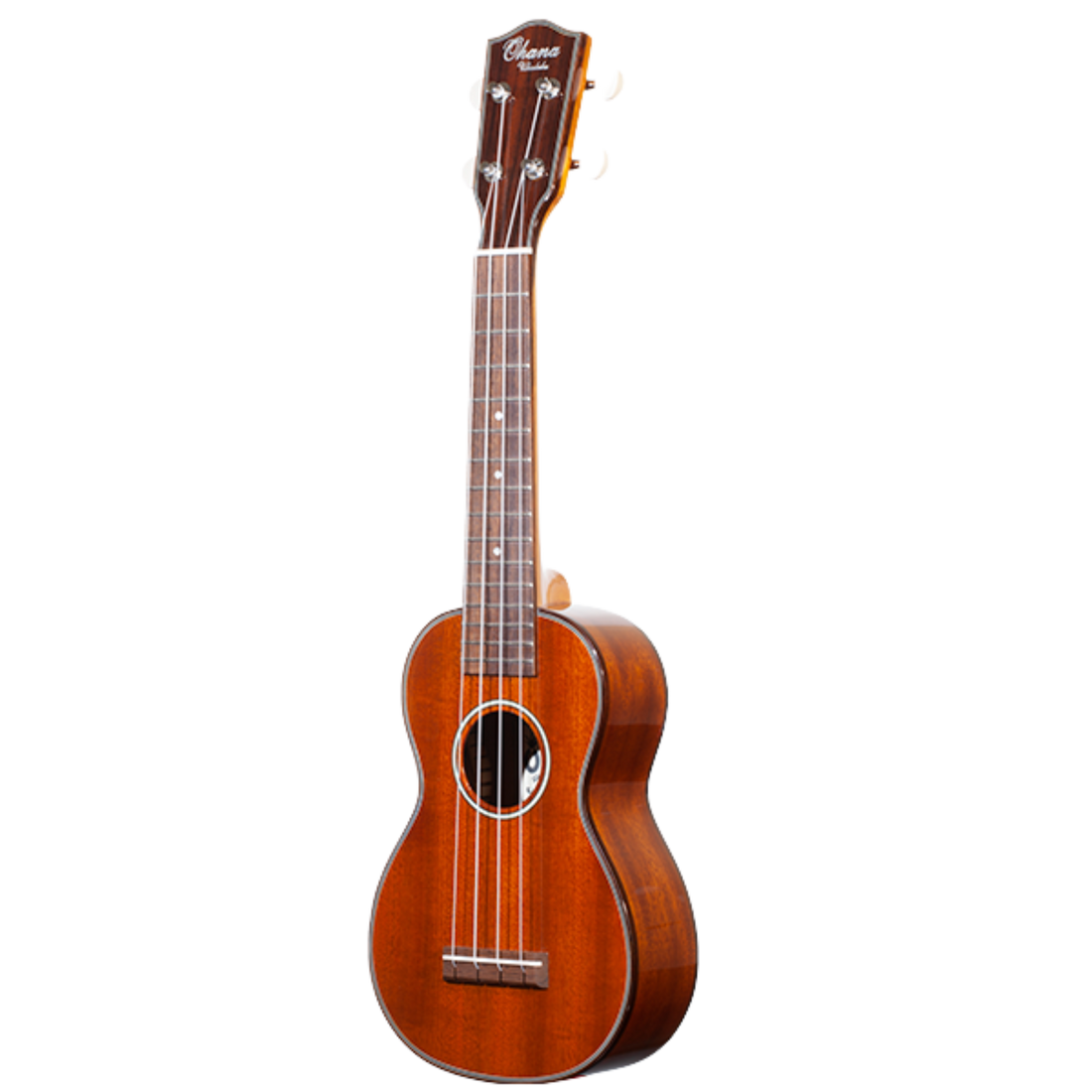 All-solid mahogany Ohana SK-35G soprano ukulele with gloss finish and vintage detailing.