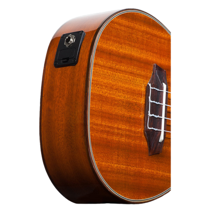 Ohana CK-35GCE All Solid Mahogany Concert Ukulele with gloss finish, active pickup system, cutaway design for easy fret access, and beautiful hardwood binding for a rich, warm tone.