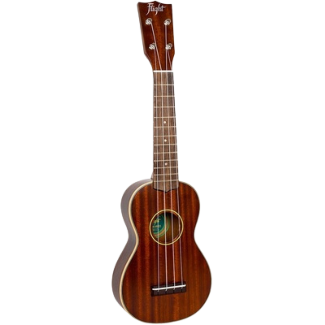 All-solid sapele Flight MUS2 soprano ukulele with vintage finish and Gotoh tuners.