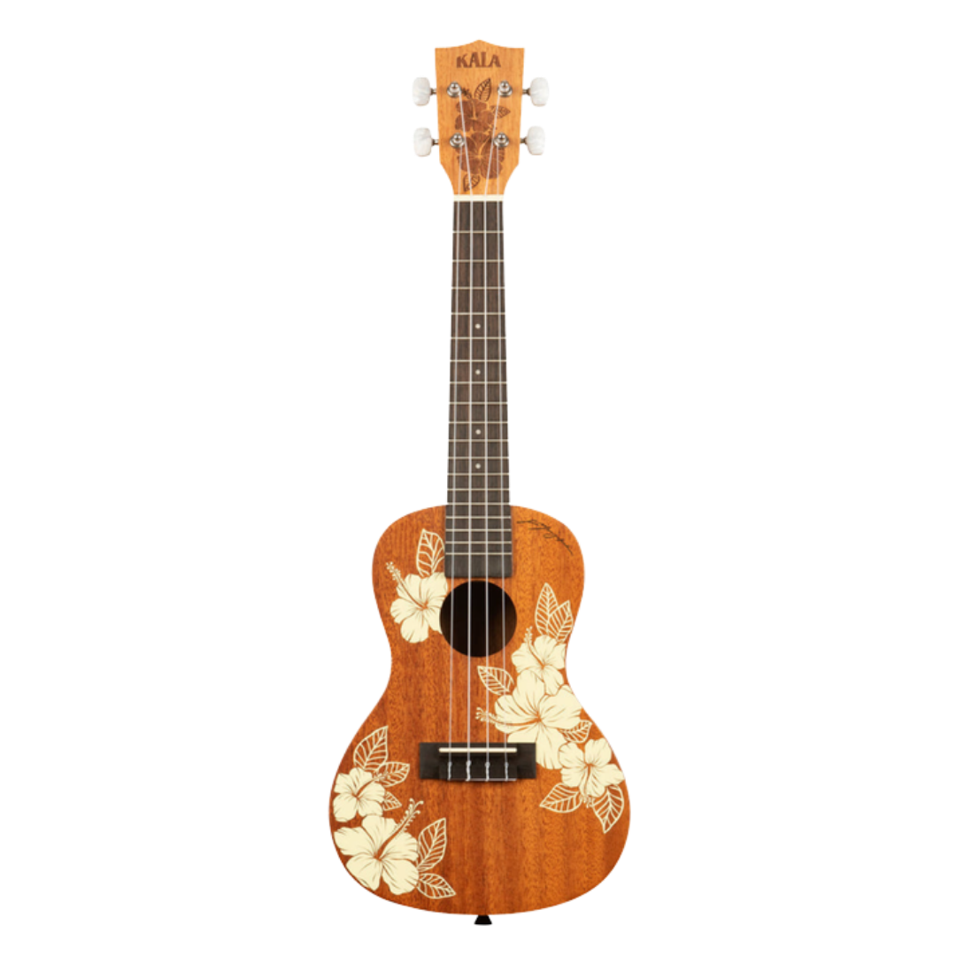 Kala Hibiscus Mahogany Concert Ukulele with white hibiscus laser-etched design