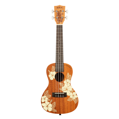 Kala Hibiscus Mahogany Concert Ukulele with white hibiscus laser-etched design