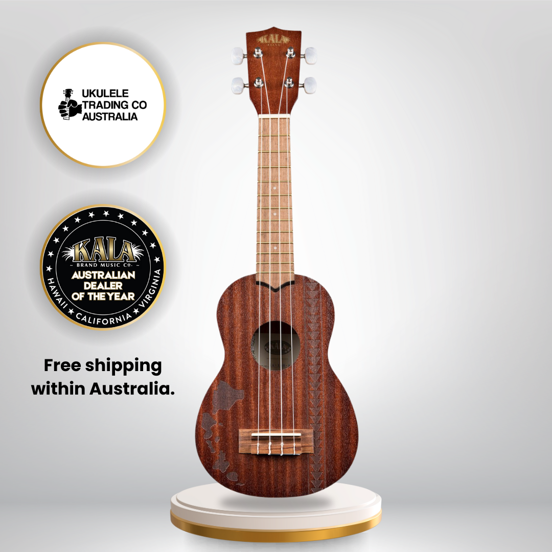 Kala KA-15S-H2 Soprano Ukulele with Hawaiian design, mahogany body, gig bag, and Aquila ukulele strings.