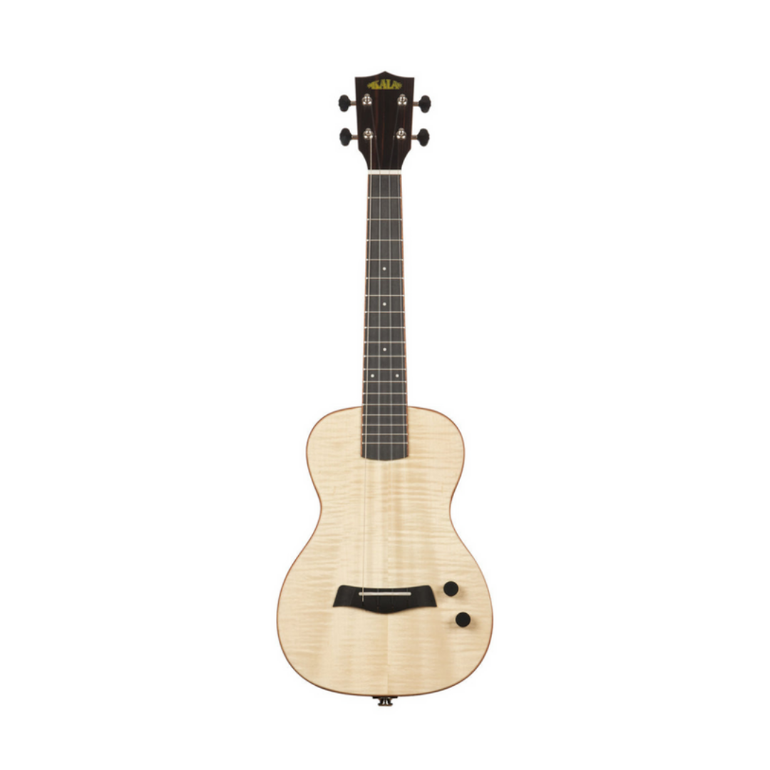 Solid body electric flame maple tenor ukulele with tiger stripe maple top