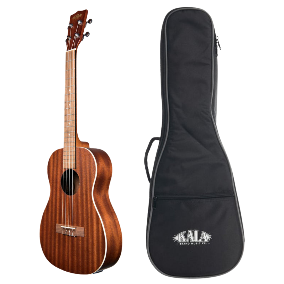 Kala KA-BE Baritone Ukulele in satin mahogany with pickup, cream binding, and gigbag.