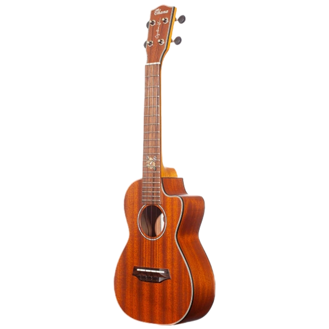 Ohana TK-25C-CL Cynthia Lin Tenor Ukulele, solid mahogany top, laminate back and sides, floral inlay, Worth Brown strings, satin finish.