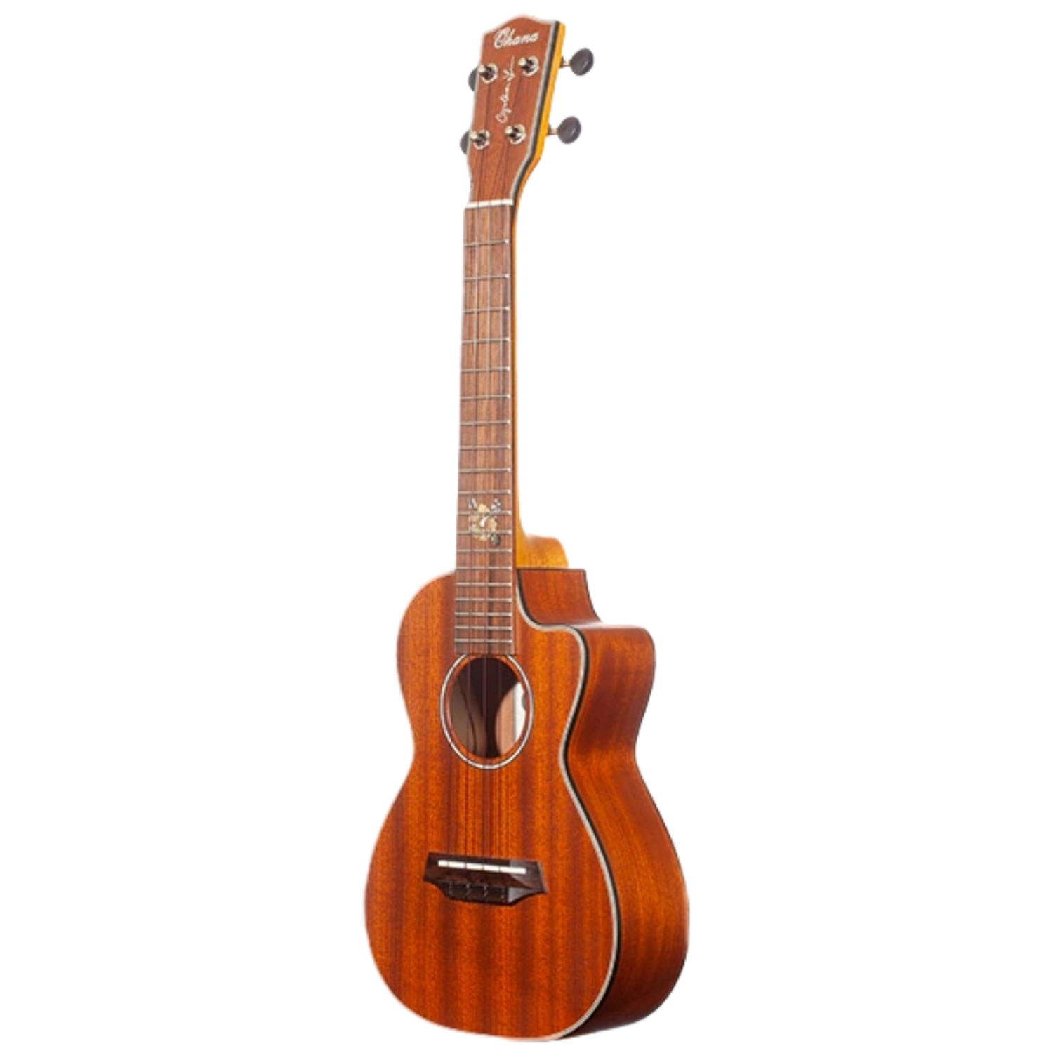 Ohana TK-25C-CL Cynthia Lin Tenor Ukulele, solid mahogany top, laminate back and sides, floral inlay, Worth Brown strings, satin finish.