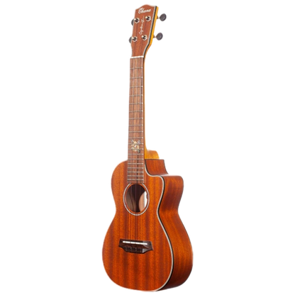 Ohana TK-25C-CL Cynthia Lin Tenor Ukulele, solid mahogany top, laminate back and sides, floral inlay, Worth Brown strings, satin finish.