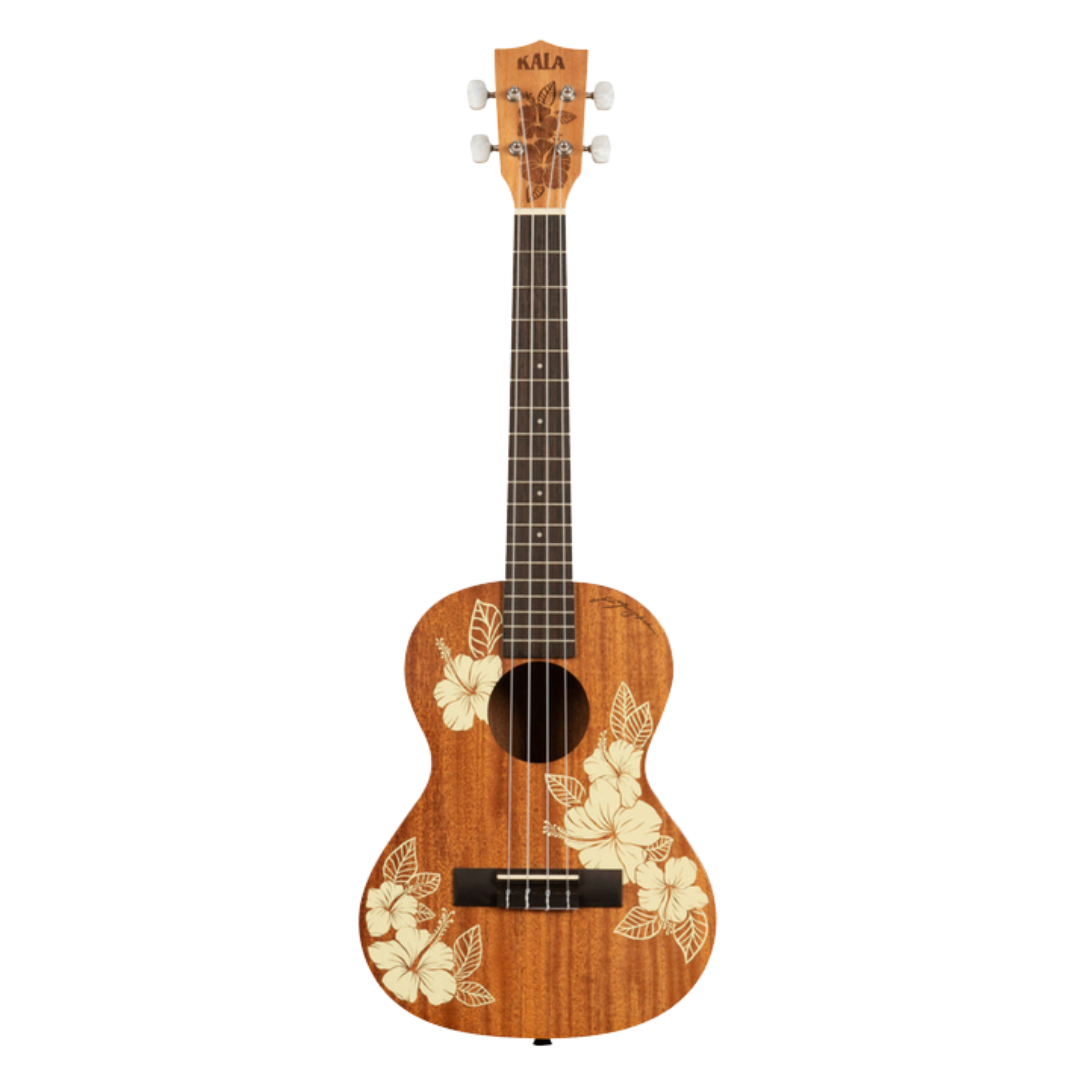 Kala Hibiscus Mahogany Tenor Ukulele with floral hibiscus laser-etched design