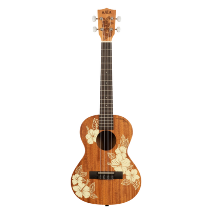 Kala Hibiscus Mahogany Tenor Ukulele with floral hibiscus laser-etched design